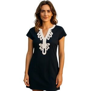 HATLEY NAVY BLUE WHITE PONTE CAP SLEEVE Summer Party DRESS L